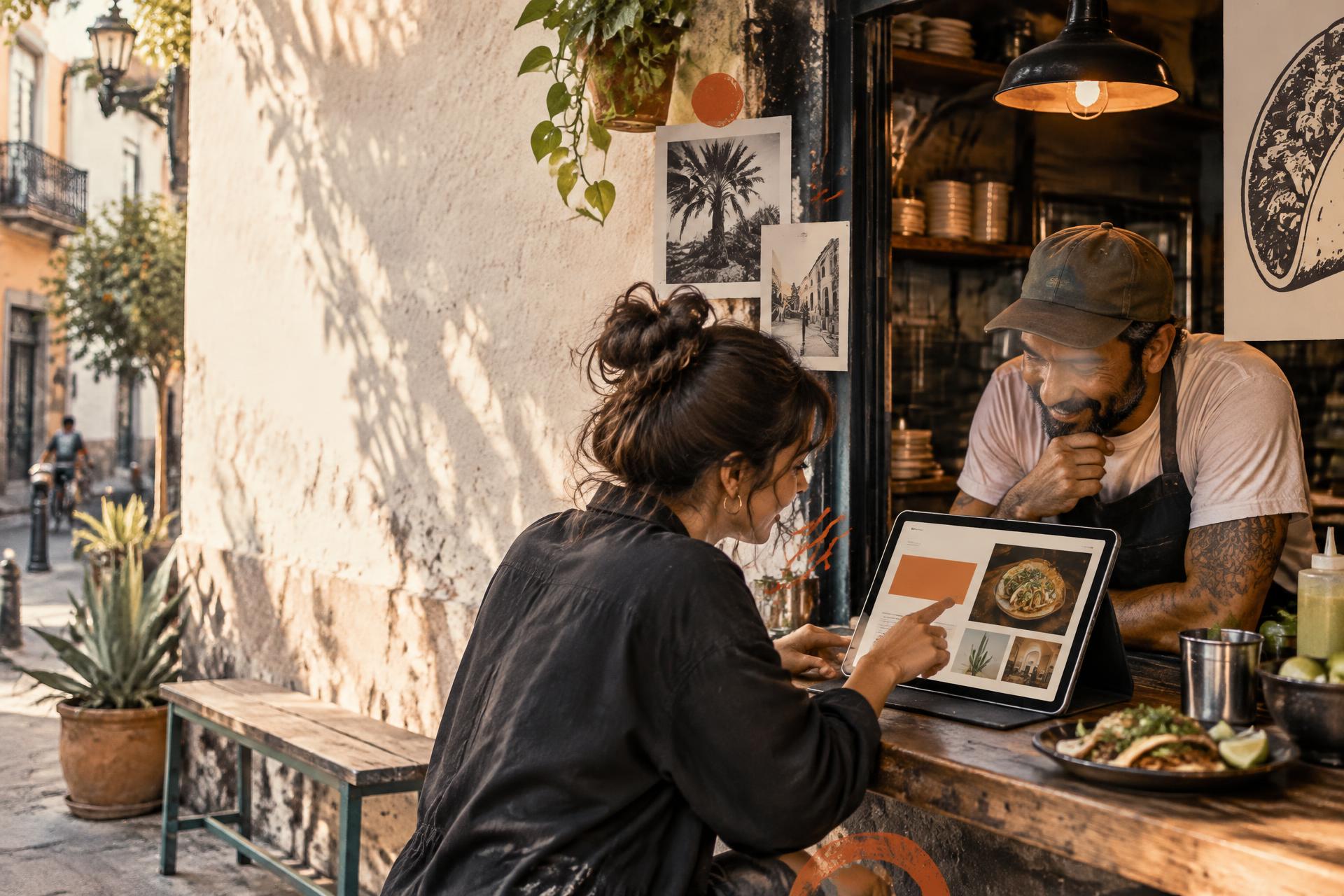 Una creativa y un negocio local conversan en la calle frente a una pantalla